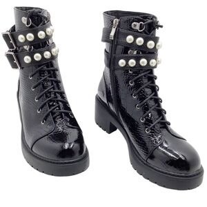 🆕{PrettyLittleThing} Snake Embossed Pearl Trim Double Strap Biker Boot